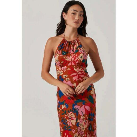 NWT ASTR The Label Talitha Floral Halter Maxi Dress Rust Pink XS - Picture 2 of 10